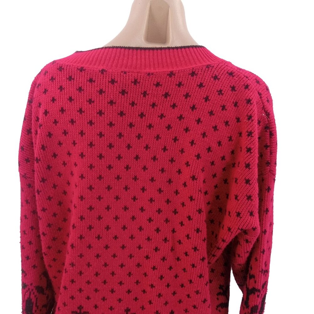 Vintage 80s Classic Essentials Pink Black Sweater Size 20 W Plus V Neck Bird Eye - Picture 6 of 7